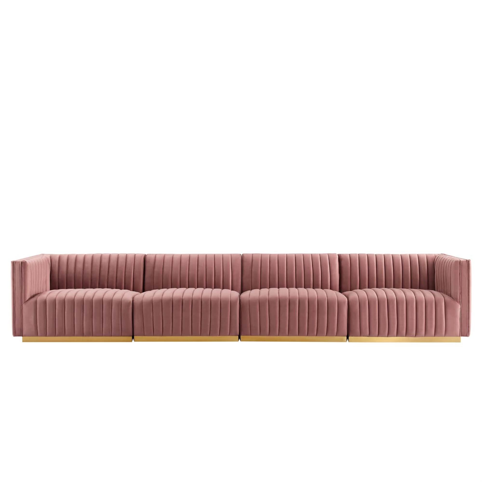 Modway Conjure 4-Piece Velvet And Stainless Steel Sofa In Gold/Dusty Rose